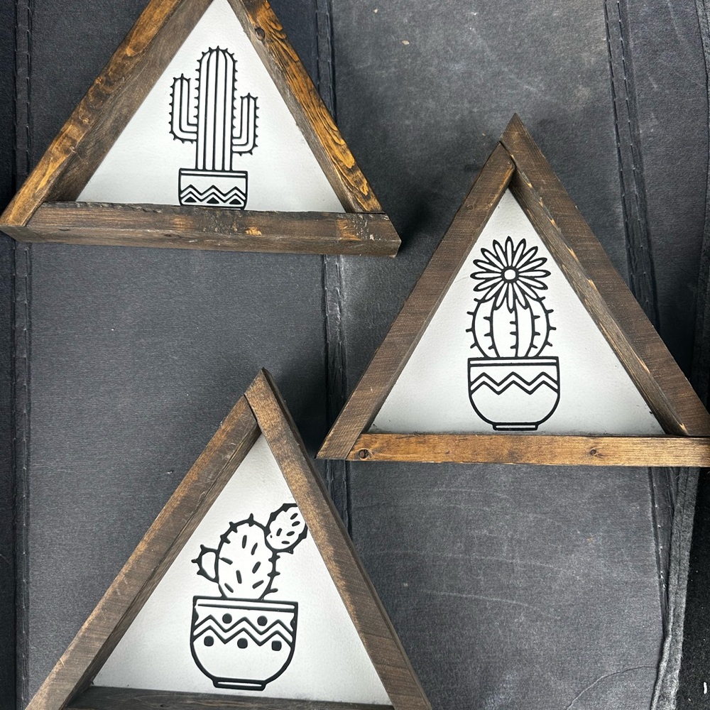 Triangular Wooden Cactus Wall Decor Set - Brown and Black